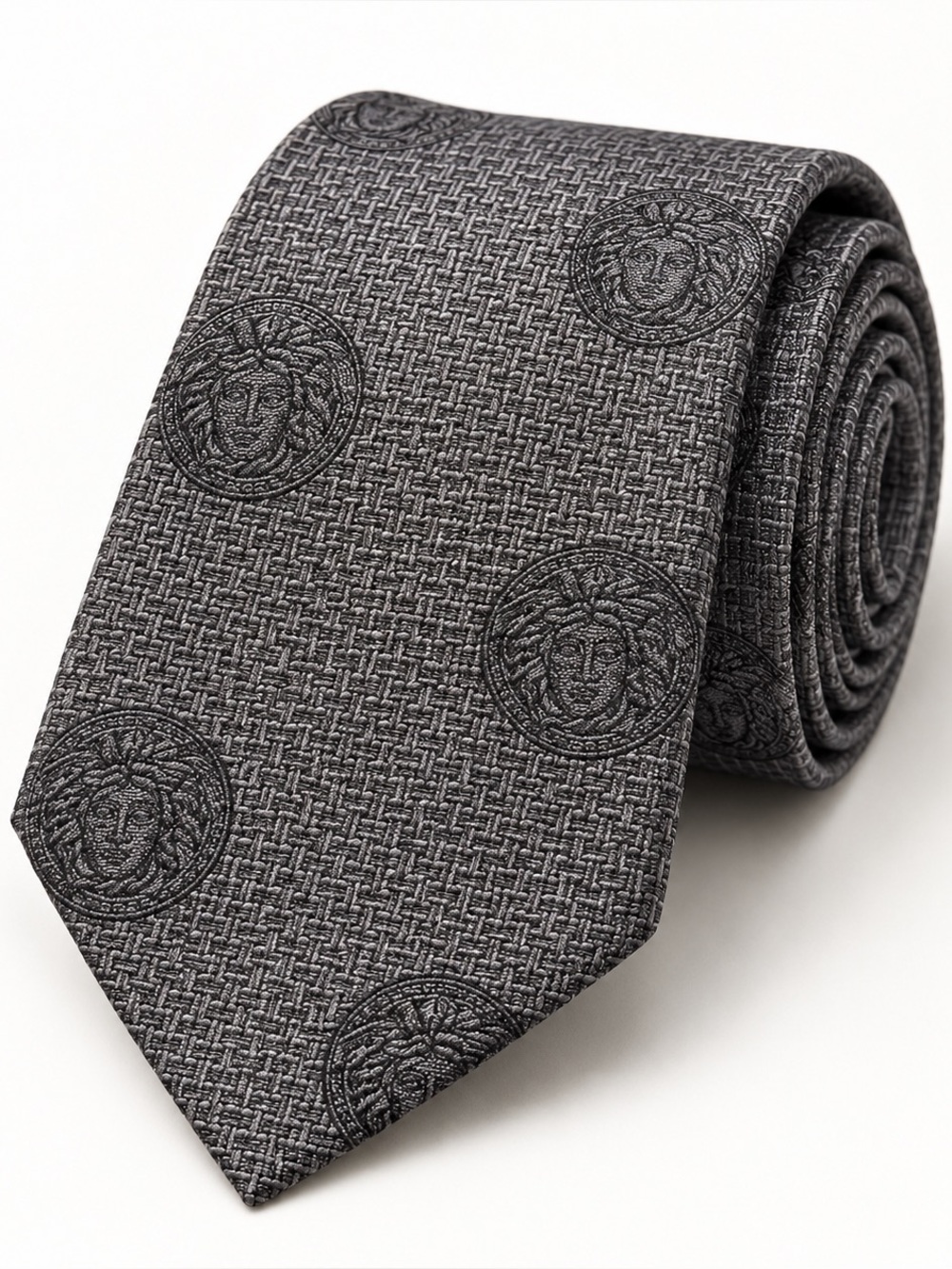 Vintage Gianni Versace Gray Tonal Medusa Herringbone Men’s Tie